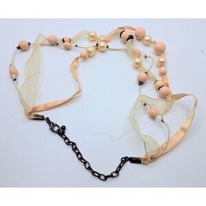 Women's Peach Beige Bead Ribbon Necklace Beads